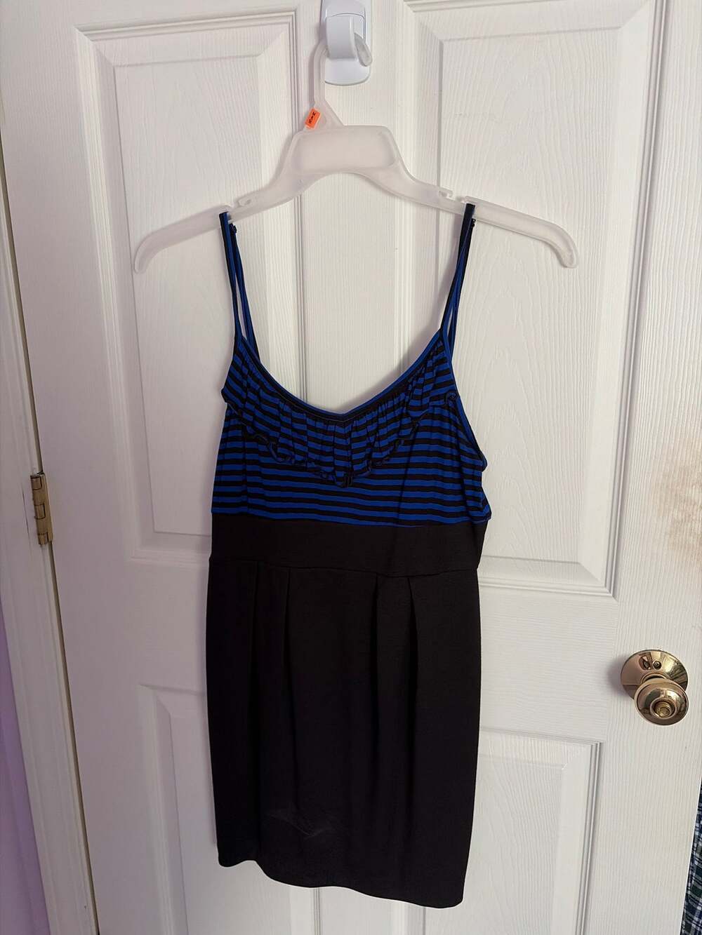 Forever 21 Vintage Striped Mini Dress M Blue Black V-Neck Spaghetti Strap Y2K